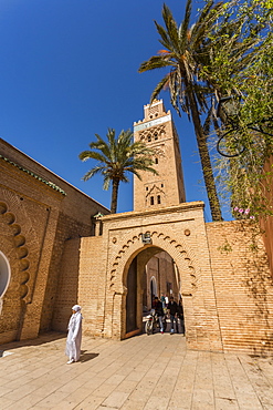 View of Koutoubia Mosque, UNESCO World Heritage Site, and archway during daytime, Marrakesh, Morocco, North Africa, Africa