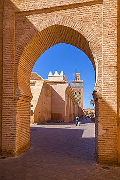 View of Moulay El Yazid Mosque framed by archway, Marrakesh, Morocco, North Africa, Africa