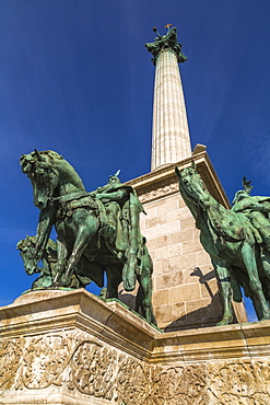 View of Millennium Memorial and the Horseman Memorial from Prince Arpad, Heroes Square, Budapest, Hungary, Europe