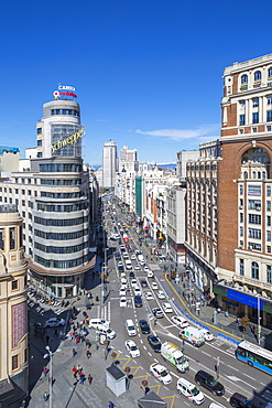 Elevated view from tall building looking down on Plaza del Callao and Gran Via , Madrid, Spain, Europe