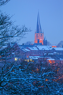 View of town and Crooked Spire Church, Chesterfield, Derbyshire, England, United Kingdom, Europe