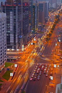 Rashid Bin Saeed Al Maktoum Street at dusk, Abu Dhabi, United Arab Emirates, Middle East