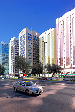 City skyline and Rashid Bin Saeed Al Maktoum Street, Abu Dhabi, United Arab Emirates, Middle East