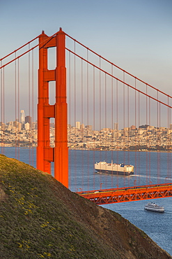 View of Golden Gate Bridge from Golden Gate Bridge Vista Point at sunset, San Francisco, California, United States of America, North America