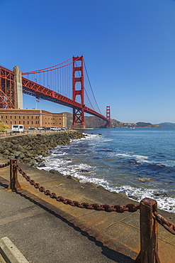 View of Golden Gate Bridge and Fort Point from Marine Drive, San Francisco, California, United States of America, North America