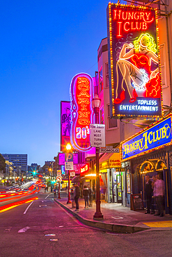 Club signs on buildings in North Beach district, San Francisco, California, United States of America, North America