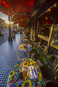 View of restaurant tables on Columbus Avenue, North Beach, San Francisco, California, United States of America, North America