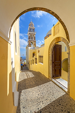 View of clock tower of Church Ag Loannis Baptistis, Fira, Santorini (Thira), Cyclades, Greek Islands, Greece, Europe