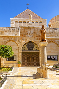 View of exterior of Church of Nativity in Manger Square, Bethlehem, Palestine, Middle East