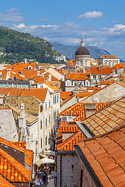 View of red rooftops and Dubrovnik Cathedral, Dubrovnik Old Town, UNESCO World Heritage Site, and Adriatic Sea, Dubrovnik, Dalmatia, Croatia, Europe