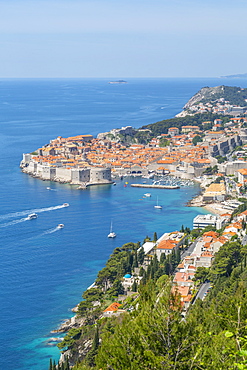 View of Old Walled City of Dubrovnik, UNESCO World Heritage Site, and Adriatic Sea from elevated position, Dubrovnik Riviera, Croatia, Europe