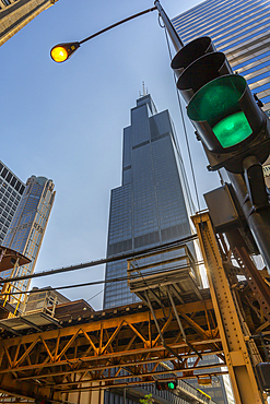 View of Wills Tower and traffic signals on North Adams Street, Downtown Chicago, Illinois, United States of America, North America