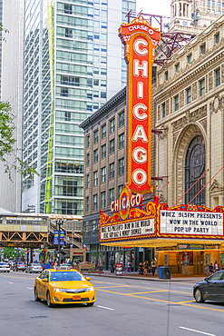 View of The Chicago Theatre and traffic on North State Street, Chicago, Illinois, United States of America, North America