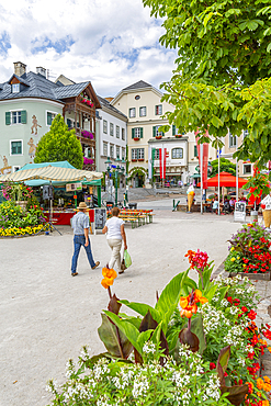 View of colourful buildings and flowers in Bad Aussie, Styria, Austria, Europe