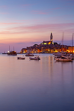 View of harbour and the old town with the Cathedral of St. Euphemia at dusk, Rovinj, Istria, Croatia, Adriatic, Europe