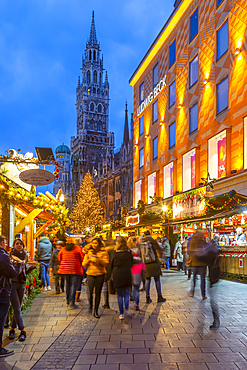 View of New Town Hall and bustling Christmas Market in Marienplatz at dusk, Munich, Bavaria, Germany, Europe