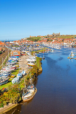 View of Whitby and River Esk from high bridge, North Yorkshire, England, United Kingdom, Europe