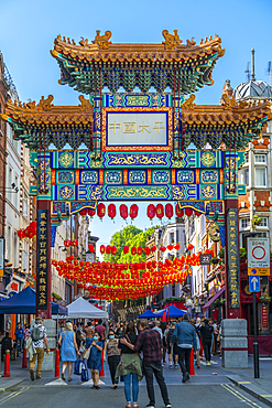 View of colourful Chinatown Gate to Chinatown, London, England, United Kingdom, Europe