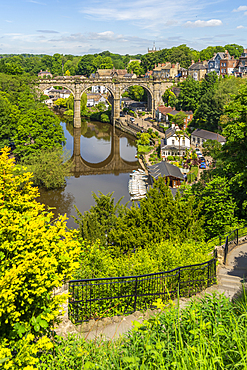 View of Knaresborough viaduct and the River Nidd from path leading to the Castle, Knaresborough, North Yorkshire, England, United Kingdom, Europe