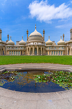 View of Brighton Pavilion and the lily pond in high summer, Brighton, Sussex, England, United Kingdom, Europe