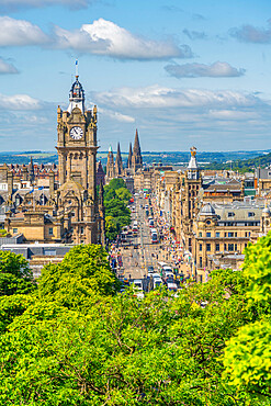 View of Balmoral Hotel and Princes Street from Calton Hill, Edinburgh, Scotland, United Kingdom, Europe