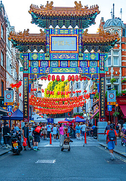 View of colourful Chinatown Gate in Wardour Street, West End, Westminster, London, England, United Kingdom, Europe