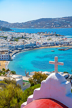 Elevated view of hilltop chapel, flour mills and town, Mykonos Town, Mykonos, Cyclades Islands, Greek Islands, Aegean Sea, Greece, Europe