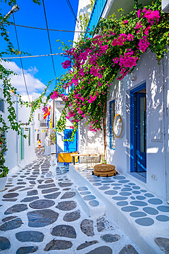 View of whitewashed narrow street, Mykonos Town, Mykonos, Cyclades Islands, Greek Islands, Aegean Sea, Greece, Europe