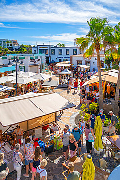 View of flea market stalls in Rubicon Marina, Playa Blanca, Lanzarote, Canary Islands, Spain, Atlantic, Europe