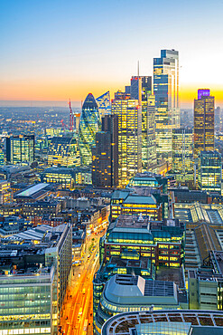 View of City of London skyscrapers at dusk from the Principal Tower, London, England, United Kingdom, Europe