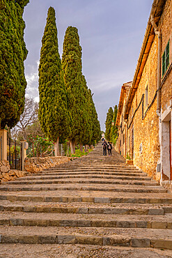 View of the Calvary Steps and Calvary Chapel in the old town of Pollenca, Pollenca, Majorca, Balearic Islands, Spain, Mediterranean, Europe