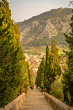 Calvary Steps viewed from Calvary Chapel in the old town of Pollenca, Pollenca, Majorca, Balearic Islands, Spain, Mediterranean, Europe