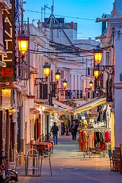 View of cafe and restaurant in the old town of Nerja at dusk, Nerja, Costa del Sol, Malaga Province, Andalusia, Spain, Europe