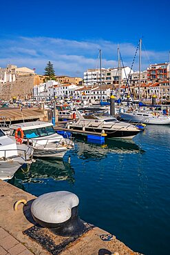 View of boats in marina overlooed by white waashed housses, Ciutadella, Memorca, Balearic Islands, Spain, Europe