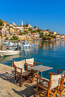 View of The Annunciation Church overlooking Symi Town, Symi Island, Dodecanese, Greek Islands, Greece, Europe