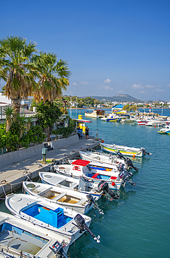 View of Faliraki Harbour and little white chapel, Faliraki, Rhodes, Dodecanese Island Group, Greek Islands, Greece, Europe