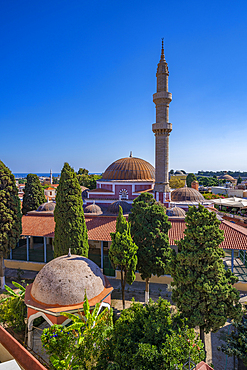 View of Mosque of Suleiman from elevated position, City of Rhodes, Rhodes, Dodecanese Islands, Greek Islands, Greece, Europe