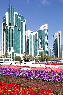 City Centre buildings and Corniche traffic, Doha, Qatar, Middle East 