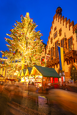 View of Christmas Market on Roemerberg Square at dusk, Frankfurt am Main, Hesse, Germany, Europe