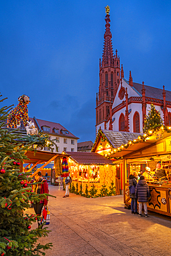 View of Christmas market and Maria Chappel in Marktplatz, Wurzburg, Bavaria, Germany, Europe