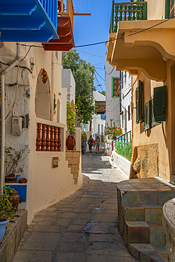 View of whitewashed houses in narrow street in Mandraki, Mandraki, Nisyros, Dodecanese, Greek Islands, Greece, Europe