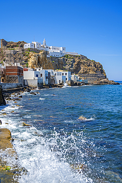 View of Virgin Mary Spiliani Monastery above the town of Mandraki, Mandraki, Nisyros, Dodecanese, Greek Islands, Greece, Europe