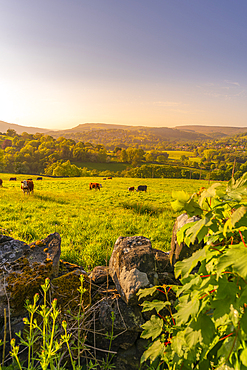 View of landscape towards Hope village in spring, Peak District National Park, Derbyshire, England, United Kingdom, Europe