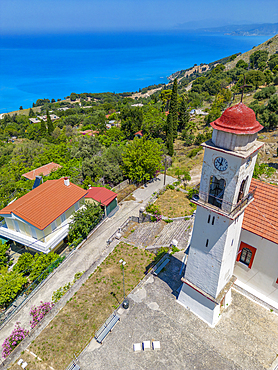 Aerial view of Greek Orthodox Church and coastline near Zola, Kefalonia, Ionian Islands, Greek Islands, Greece, Europe