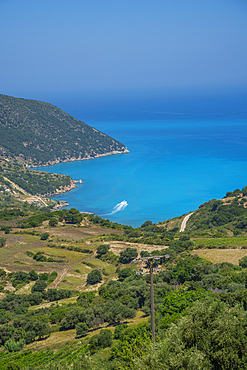 View of coastline, sea and hills near Agkonas, Kefalonia, Ionian Islands, Greek Islands, Greece, Europe