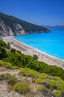 View of Myrtos Beach, coastline, sea and hills near Agkonas, Kefalonia, Ionian Islands, Greek Islands, Greece, Europe