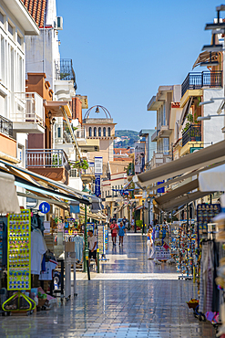 View of shopping street in Argostoli, capital of Cephalonia, Argostolion, Kefalonia, Ionian Islands, Greek Islands, Greece, Europe