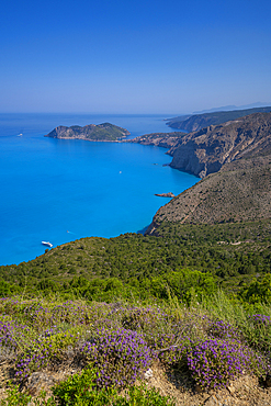 View of coastline, sea and Assos from near Agkonas, Kefalonia, Ionian Islands, Greek Islands, Greece, Europe