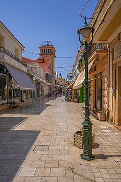 View of shopping street in Argostoli, capital of Cephalonia, Argostolion, Kefalonia, Ionian Islands, Greek Islands, Greece, Europe