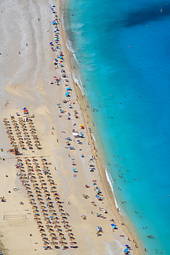 Aerial view of Myrtos Beach, coastline, sea and hills near Agkonas, Kefalonia, Ionian Islands, Greek Islands, Greece, Europe